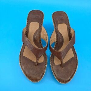 Born Brown Leather Thong Wedge Sandals Cork Heel Womens 8 W11115 K7